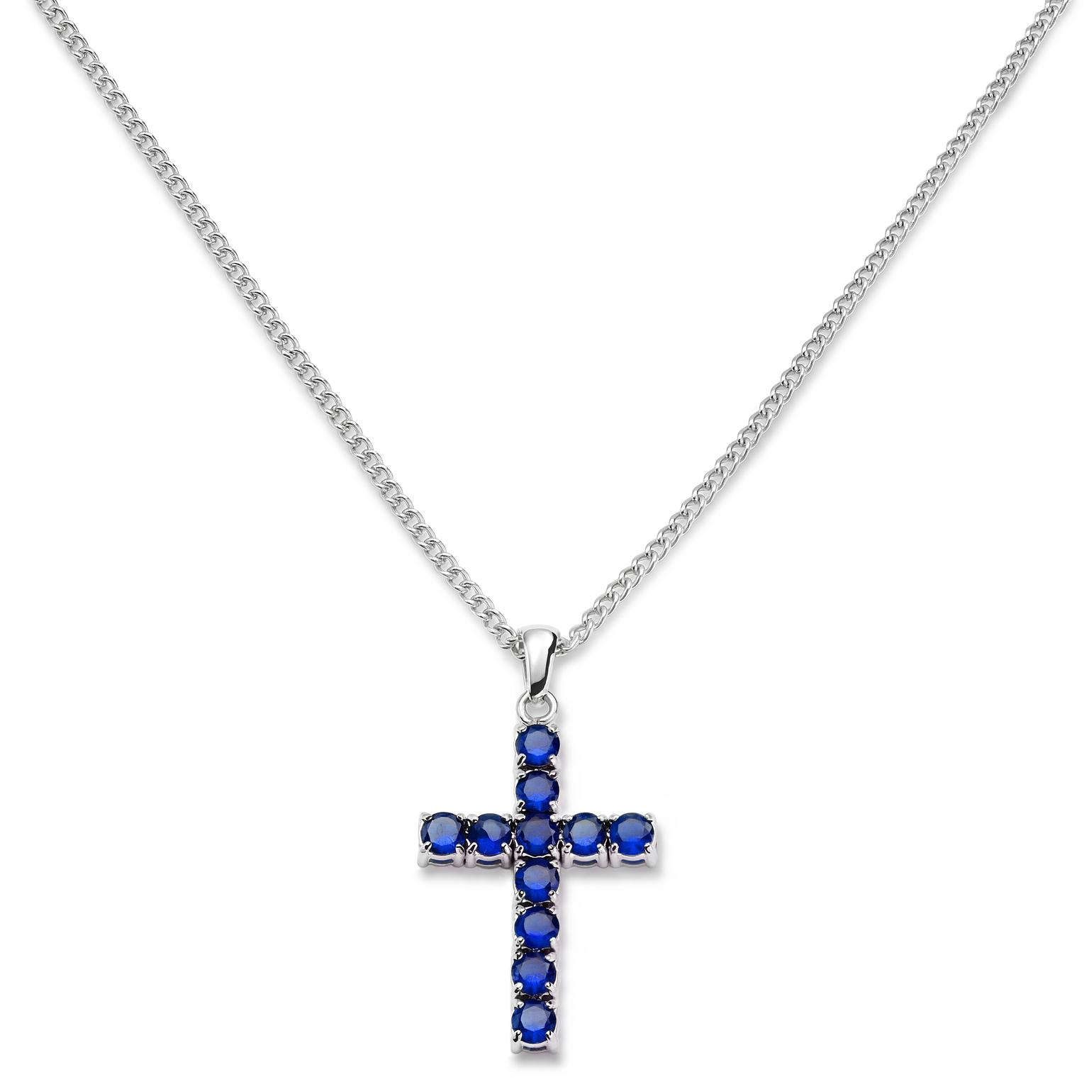 Collier argenté avec pendentif croix en zircones bleues Collier argenté avec pendentif croix en zircones bleues