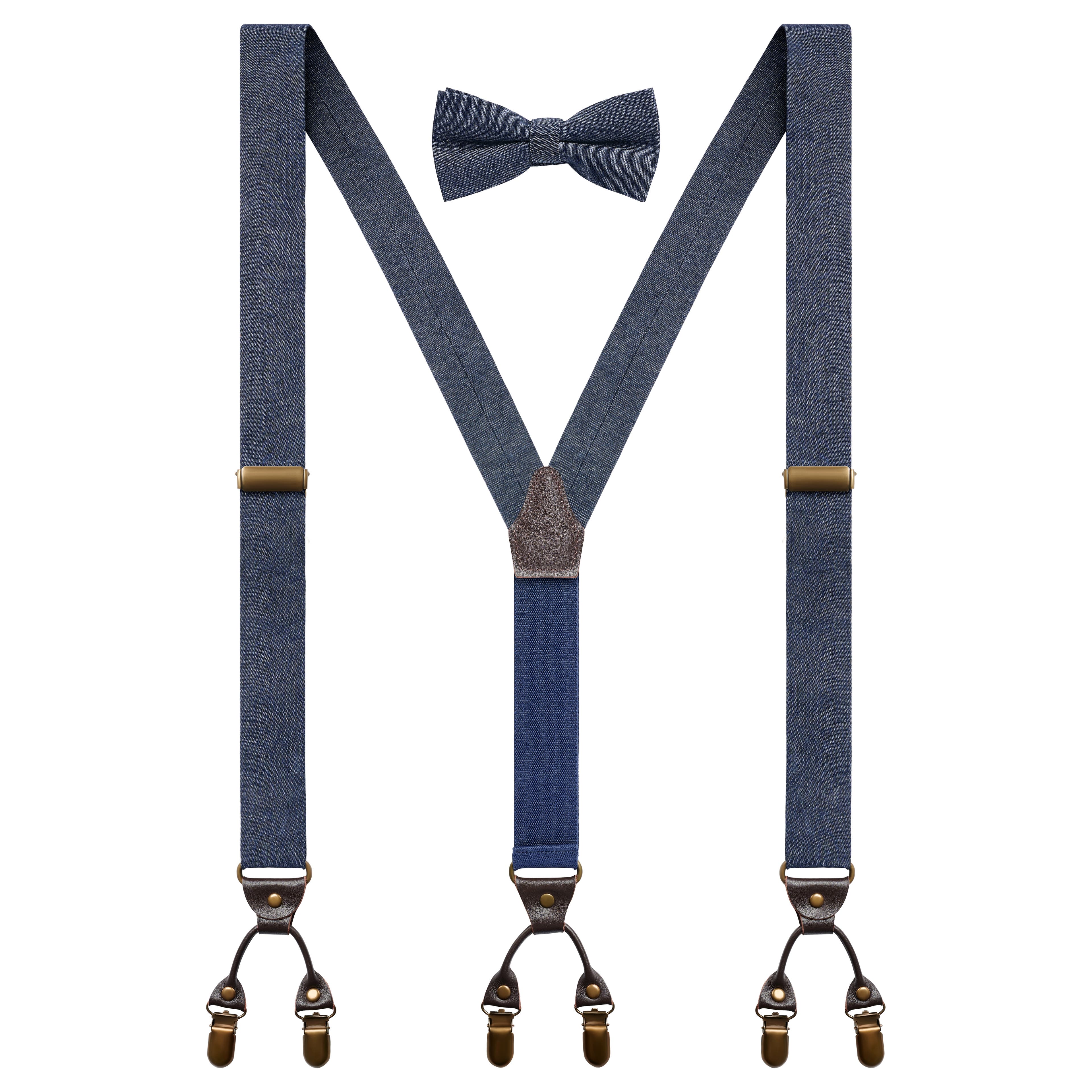 Deep Blue Denim Y-Back Dual Clip Braces & Pre-Tied Bow Tie Set