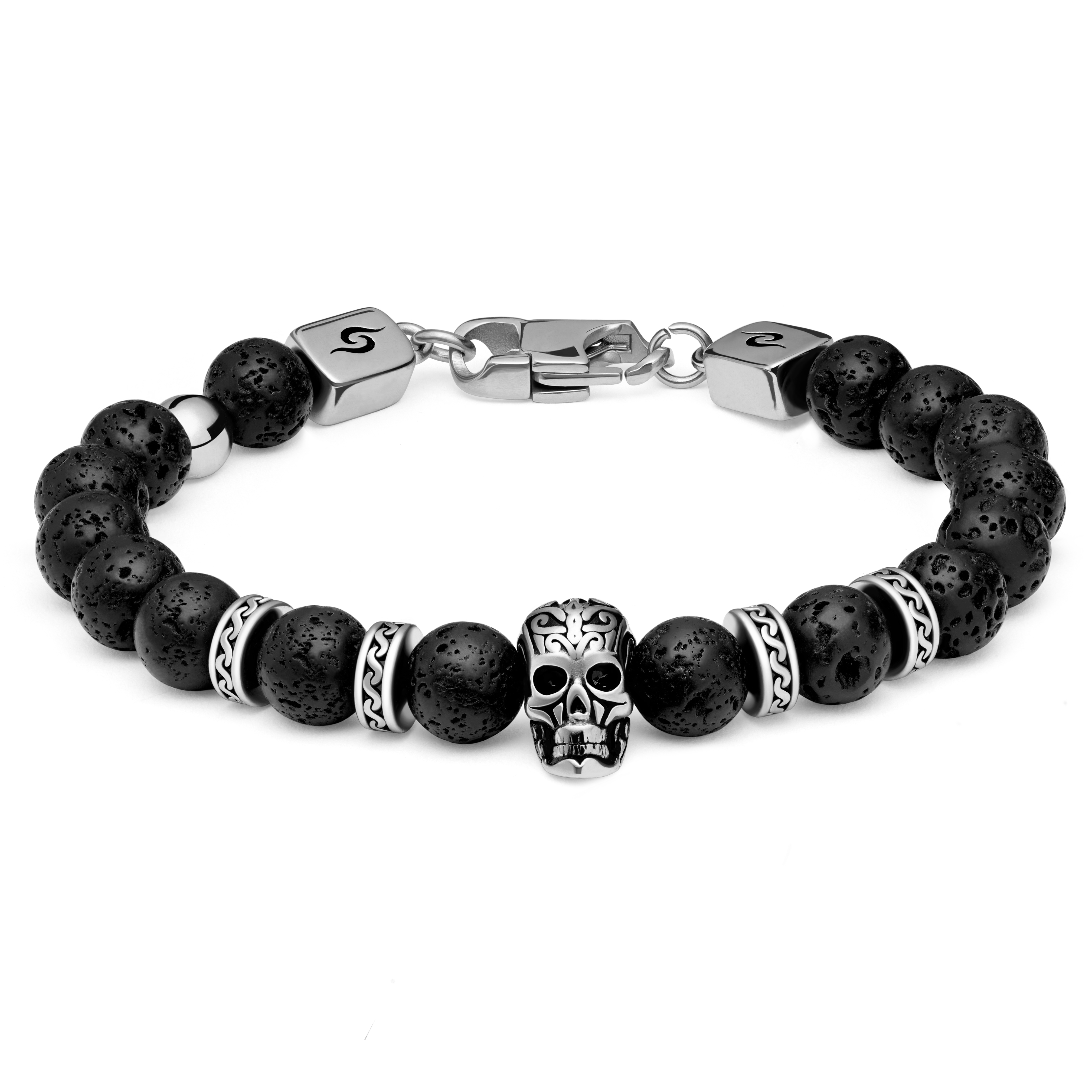 Rico Silver-tone Lava Rock and Snowflake Obsidian Skull Bracelets