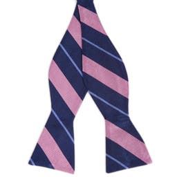 Papion self-tie din mătase bleumarin cu dungi roz și albastru pastel