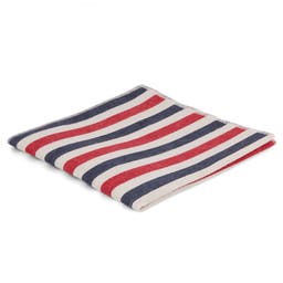 White, Red & Navy Blue Striped Cotton & Flax Pocket Square