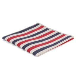 White, Red & Navy Blue Striped Cotton & Flax Pocket Square