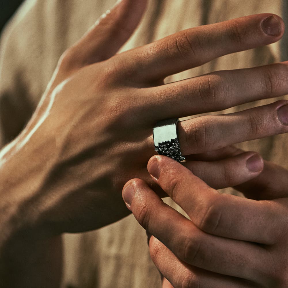 hover: Orphic | Black Zirconia Volcanic Square Silver-Tone Stainless Steel Signet Ring hover: Orphic | Black Zirconia Volcanic Square Silver-Tone Stainless Steel Signet Ring