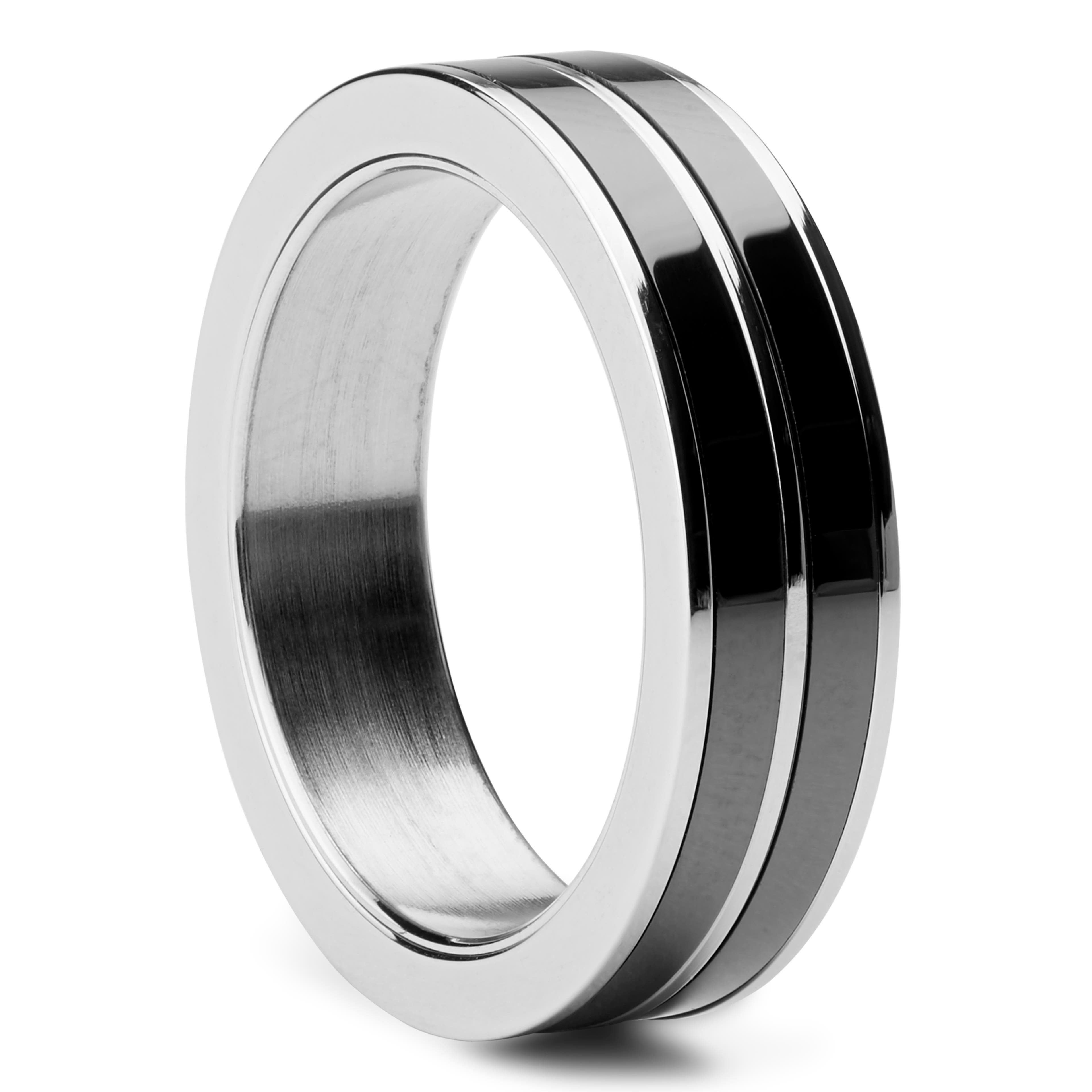 Černo-stříbrný ocelový a keramický prsten