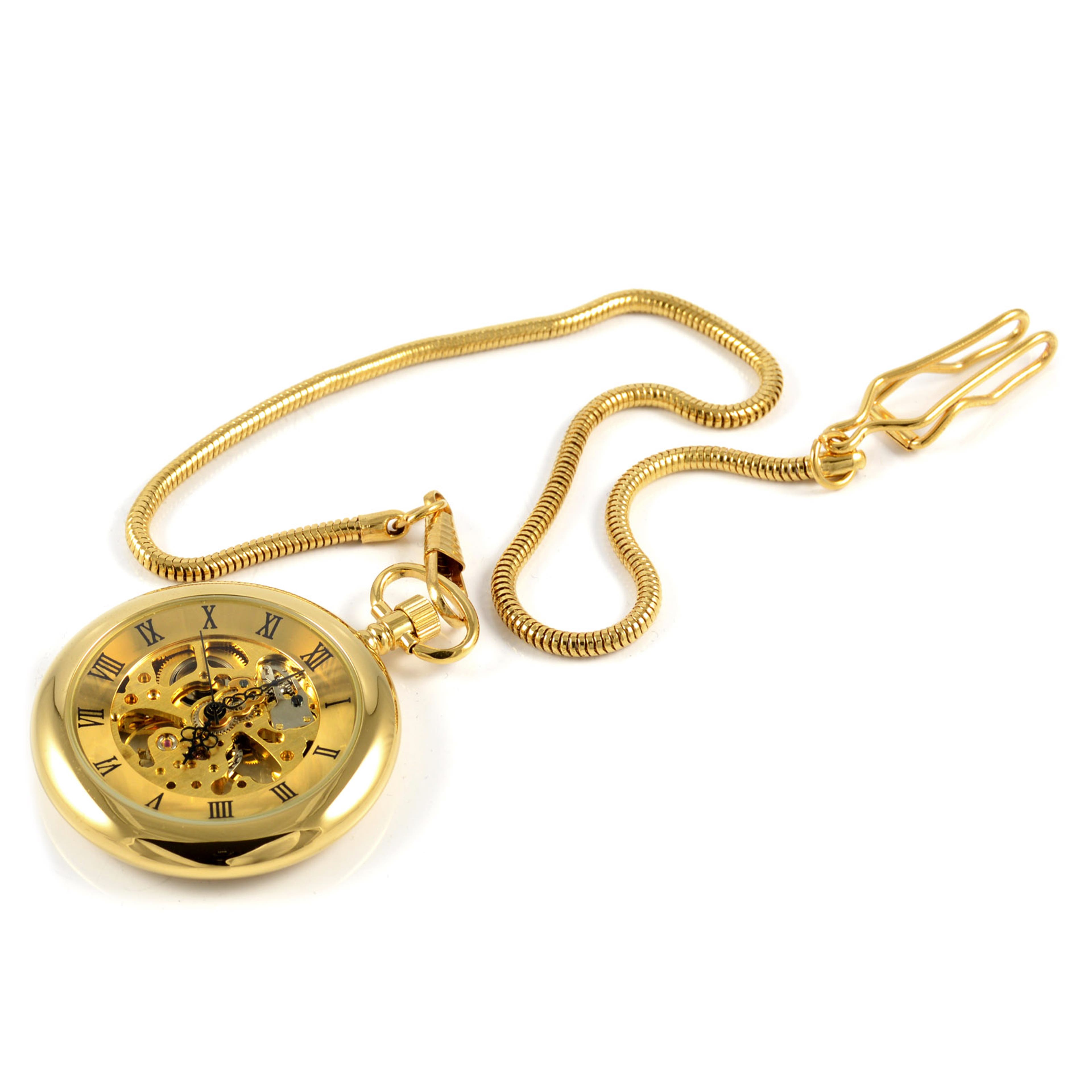 Gold-Tone Mechanical Pocket Watch With Gold-Tone Movement & Gold-Tone Snake Chain
