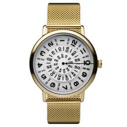 Ambitio | Gold-Tone Watch With White Rotating Dial & Stainless Steel Mesh Strap