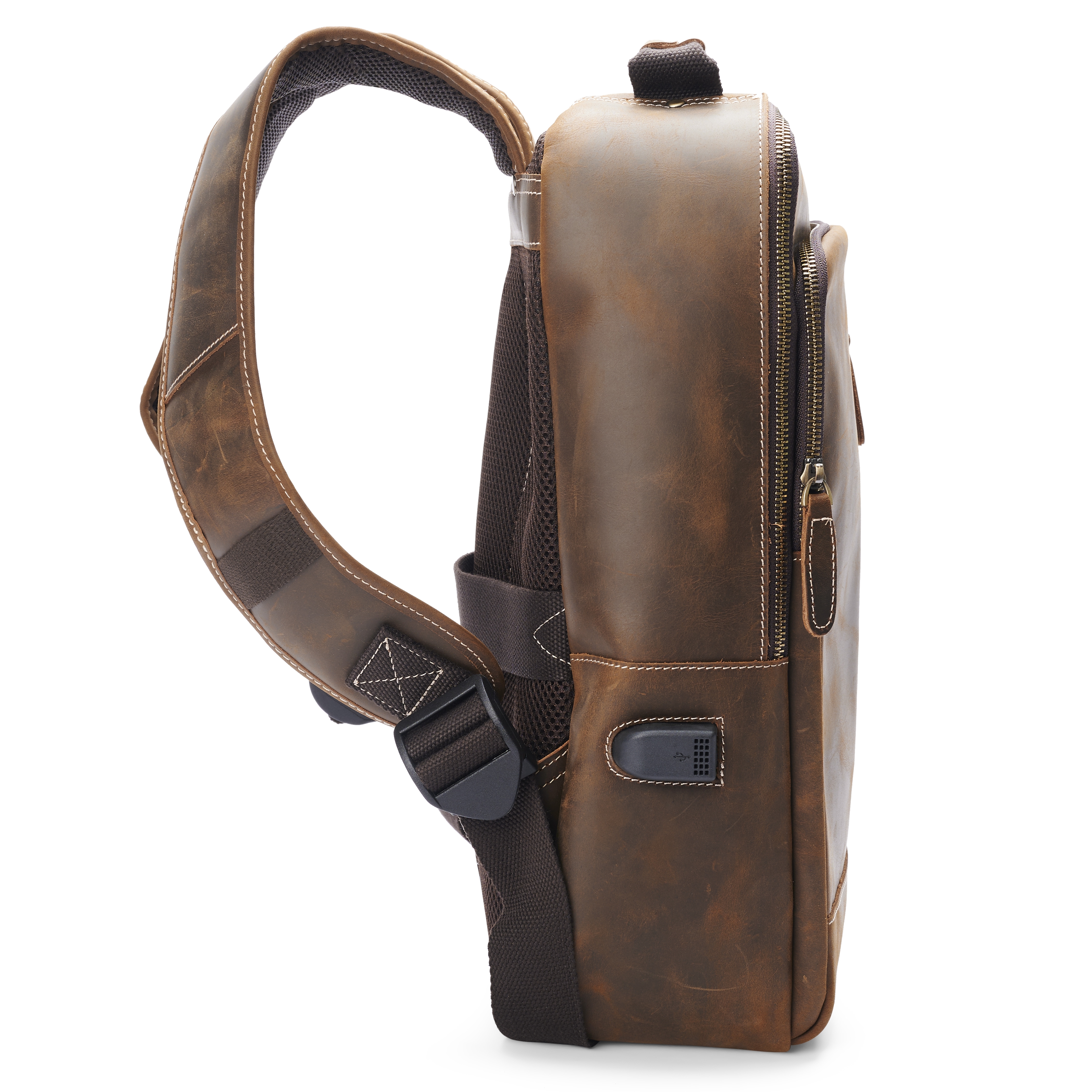 Καφέ Vintage Δερμάτινο Laptop Backpack με Θύρα Φόρτισης - 3