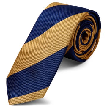 Cravate en soie à rayures dorées et bleues - 6 cm