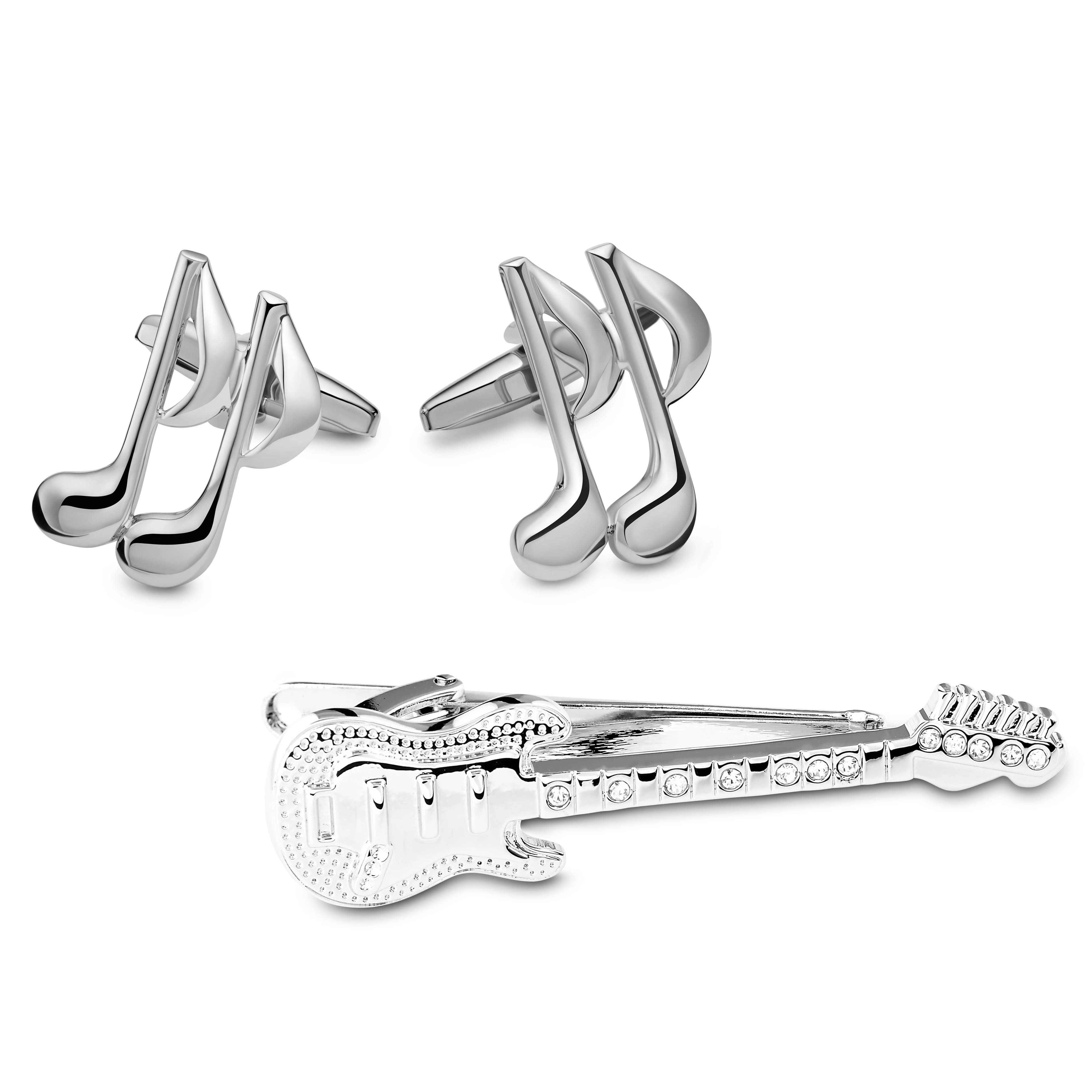 Silver-Tone Guitar Tie Clip and Notes Cufflinks Set