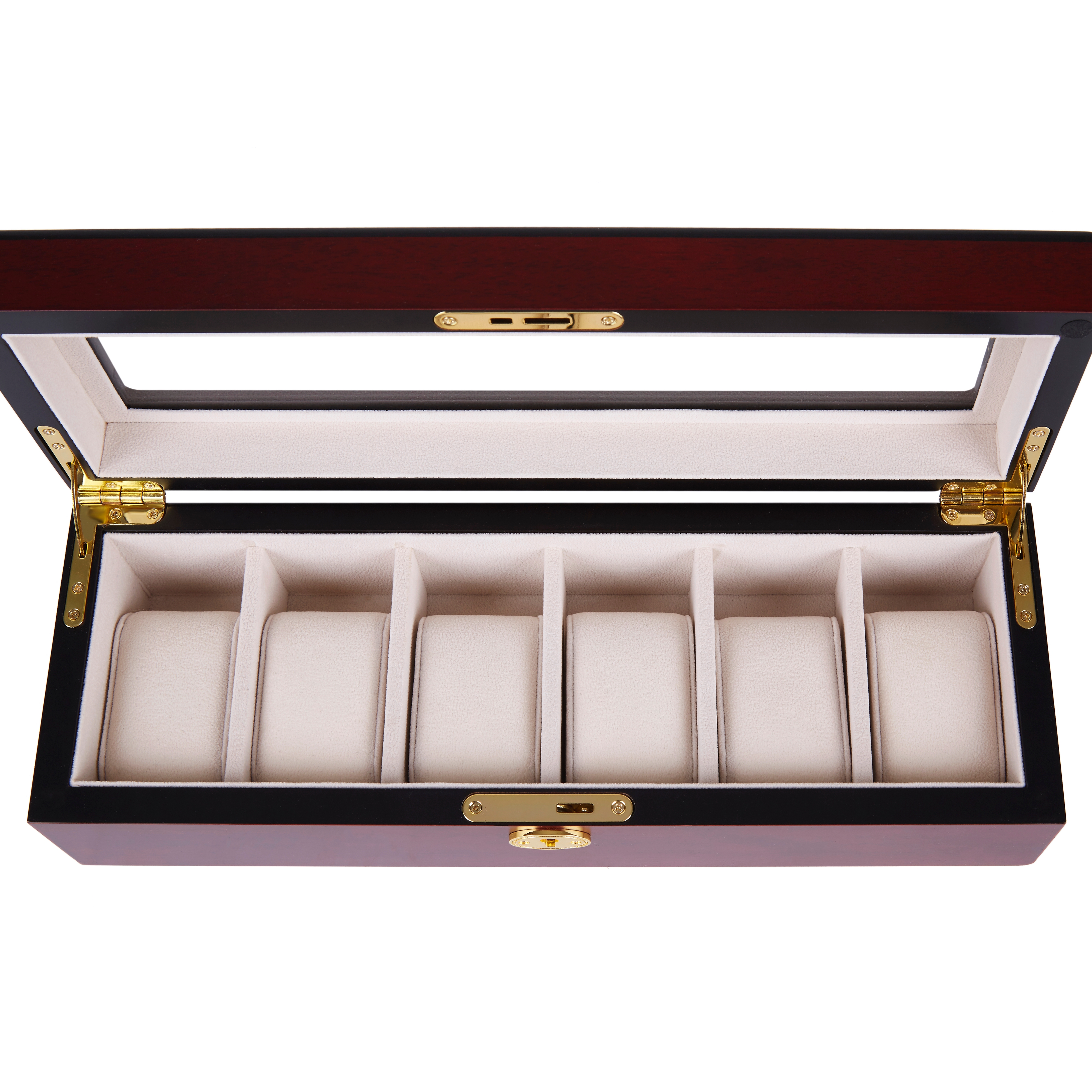 Lockable Gold-Tone & Cherry Wood Watch Case - 6 Watches - 6