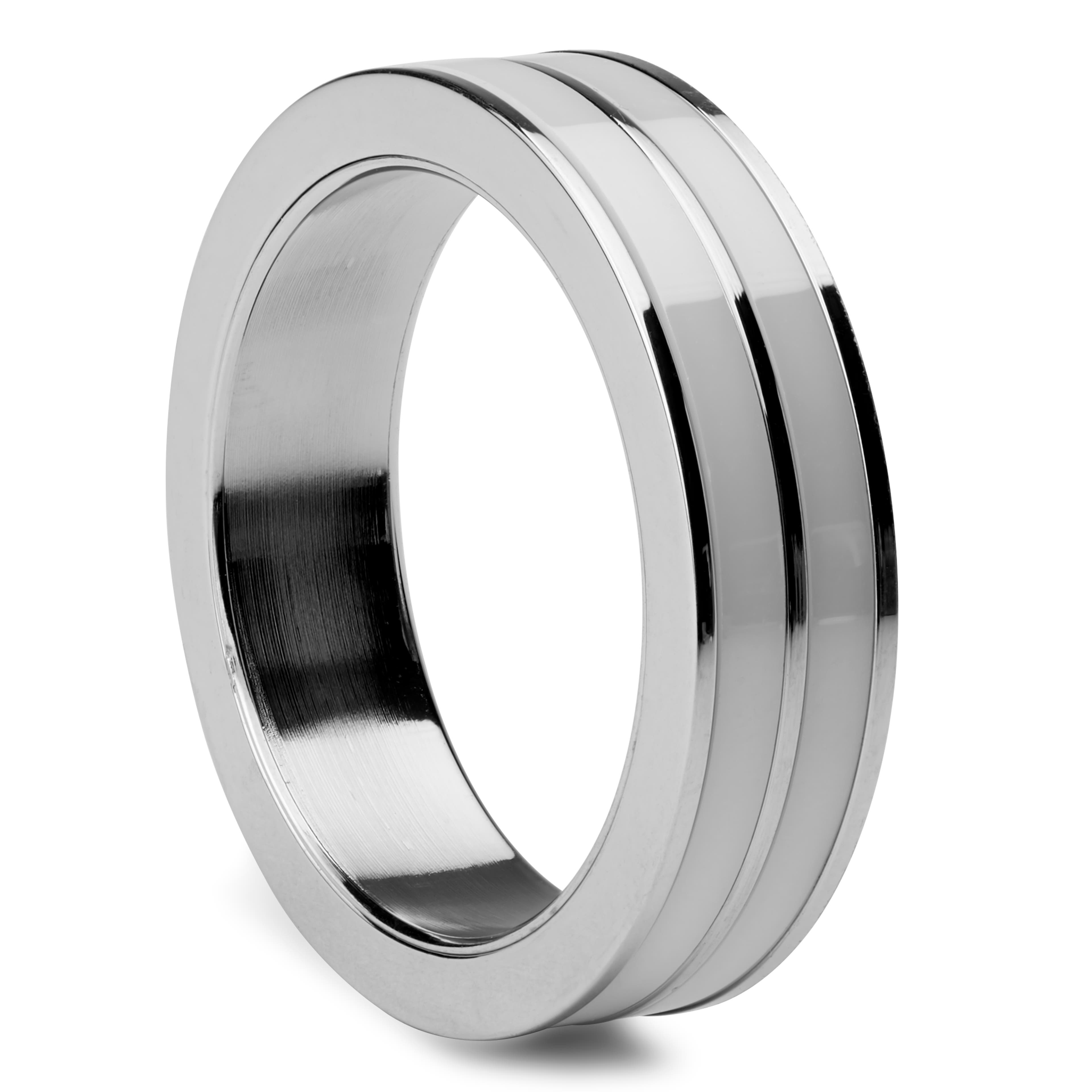 Silver-Tone Steel Ring with White Ceramic Inlay 