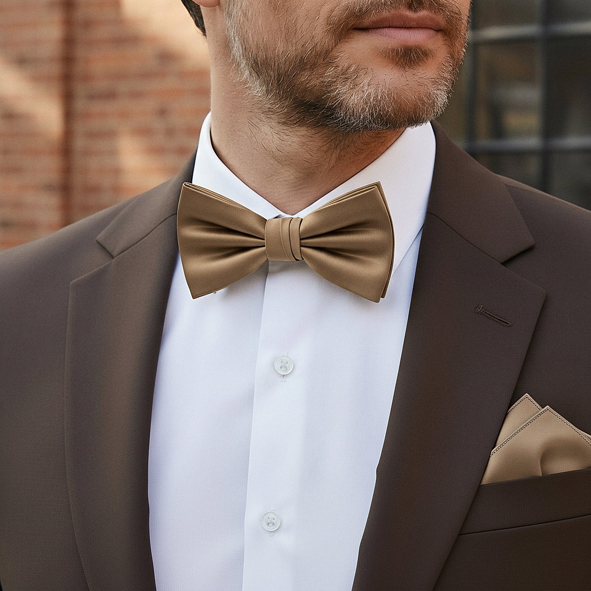 Tan Pre-Tied Satin Bow Tie - 4