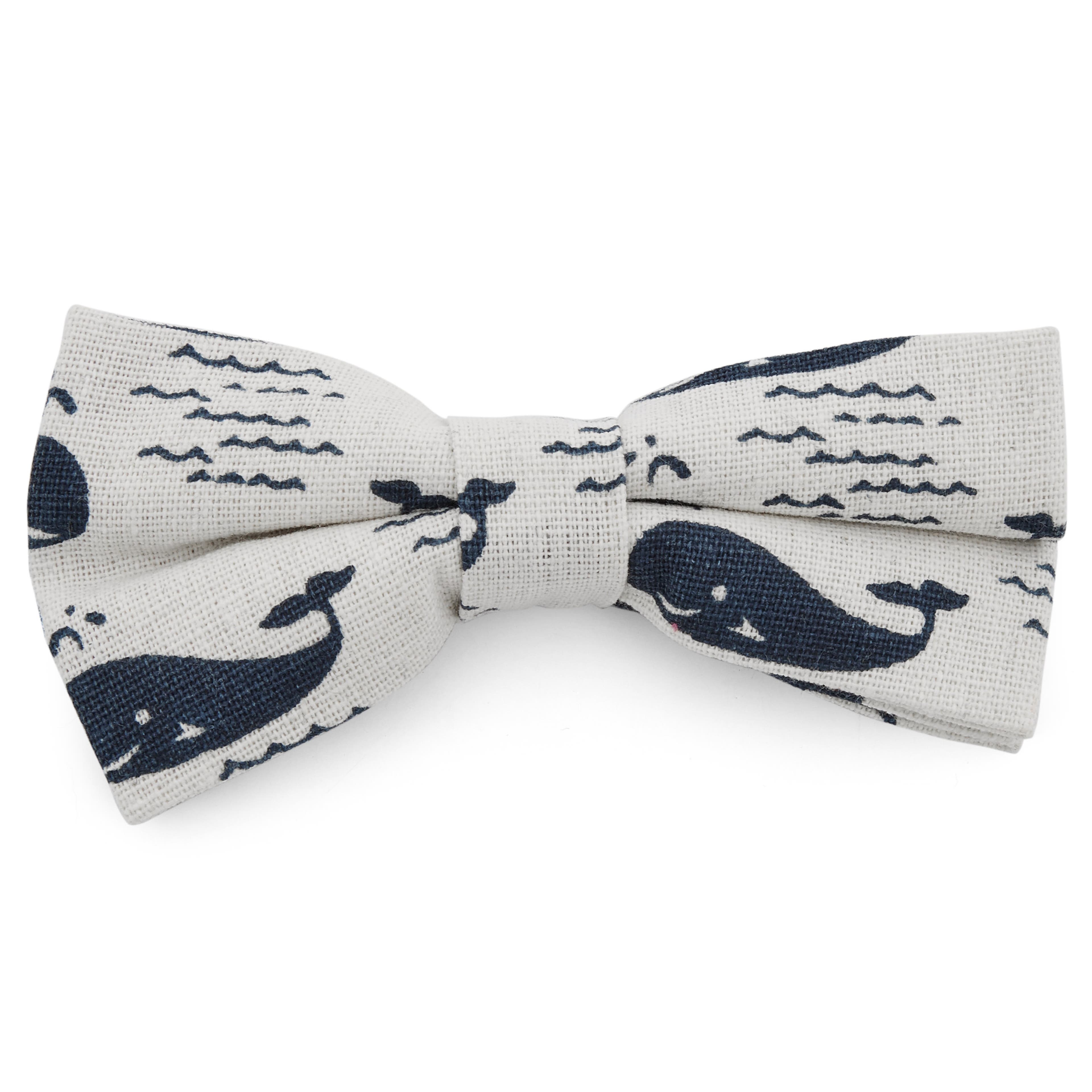 White & Royal Blue Whale Linen Pre-Tied Bow Tie