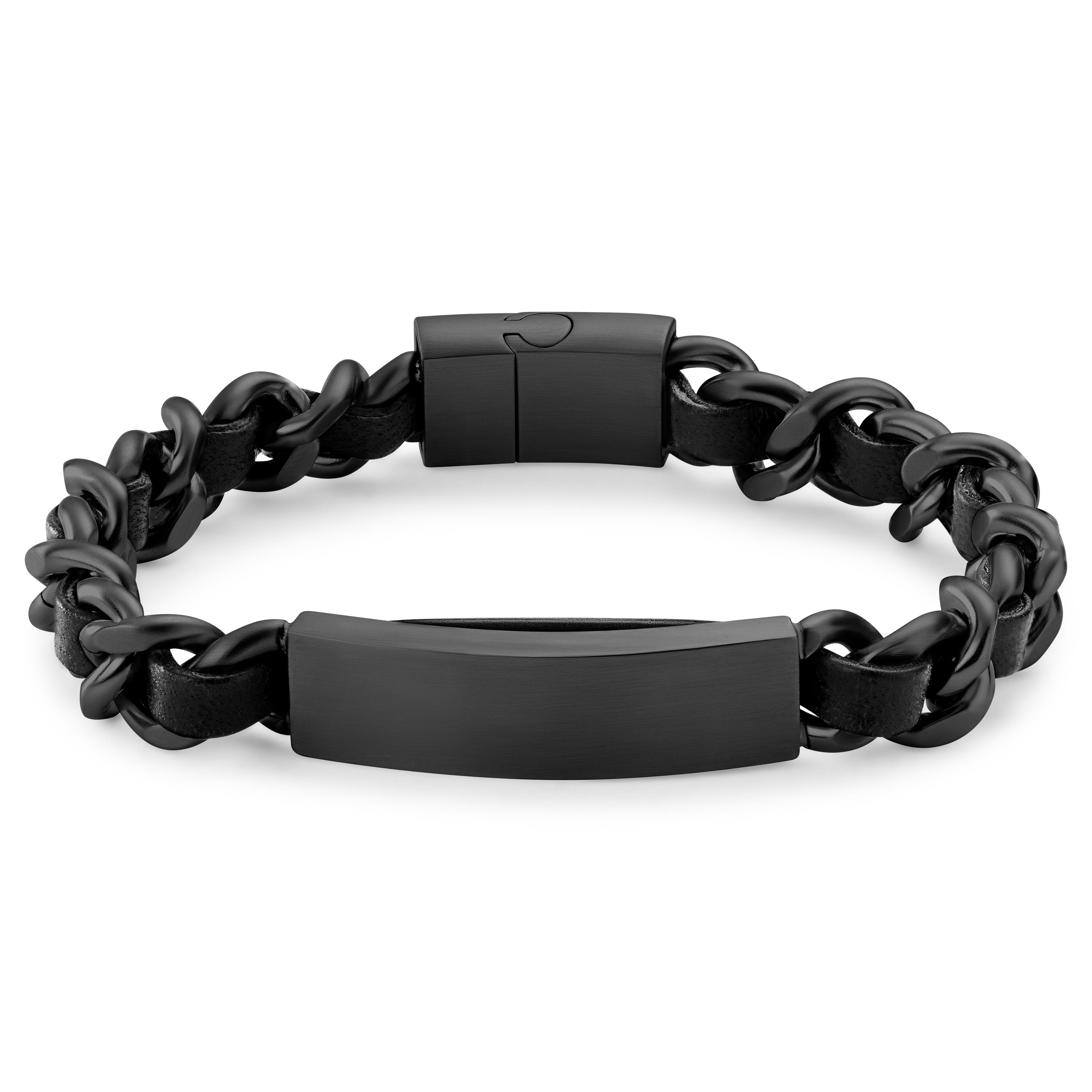 Nomen | Bracelet chaîne en métal noir et en cuir avec plaque d'identification 