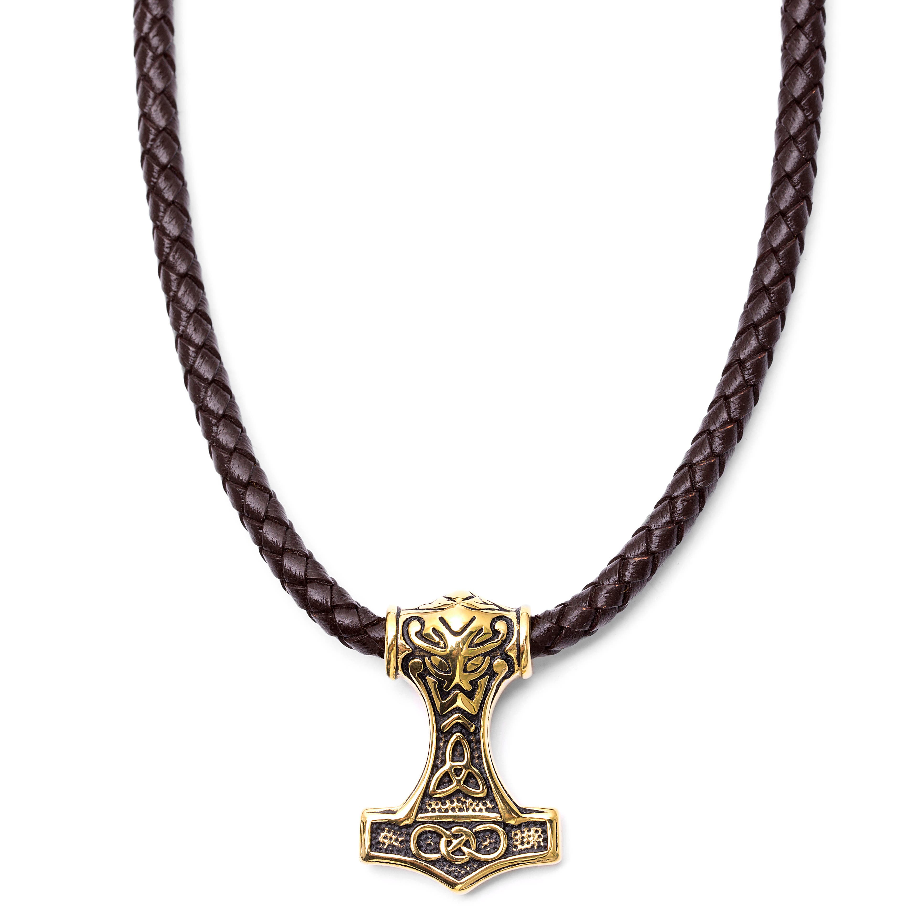Obojstranný hnedý kožený náhrdelník Triquetra 