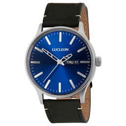 Grover | Silver-Tone Day-Date Watch With Blue Dial & Black Leather Strap