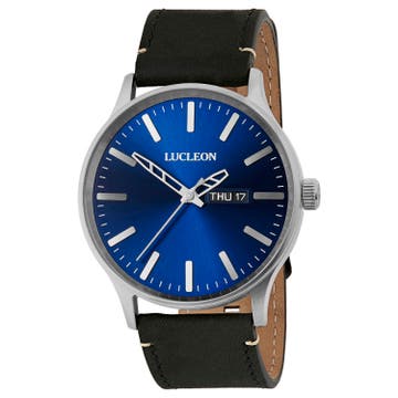 Grover | Silver-Tone Day-Date Watch With Blue Dial & Black Leather Strap