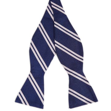 Navy Twin Silver-Tone Stripe Silk Self-Tie Bow Tie