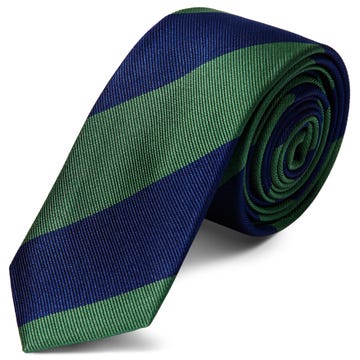 Green & Navy Blue Bold Diagonal Striped Silk Tie
