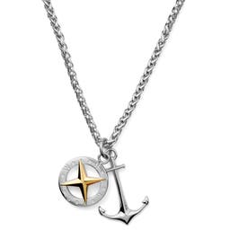 Silver-Tone Stainless Steel Anchor With Silver- & Gold-Tone Compass Wheat Chain Necklace