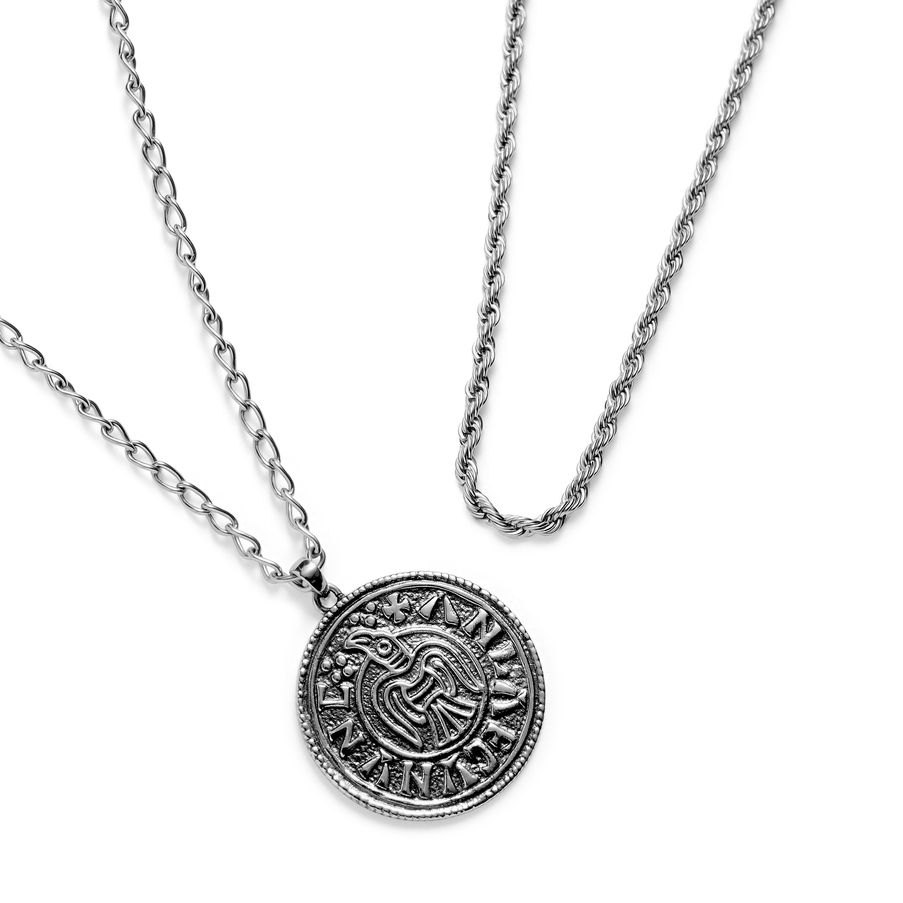 Silver-tone Viking Coin and Rope Chain Layering Set - 2