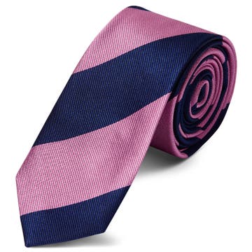 Cravată 6 cm din mătase cu dungi bleumarin și roz