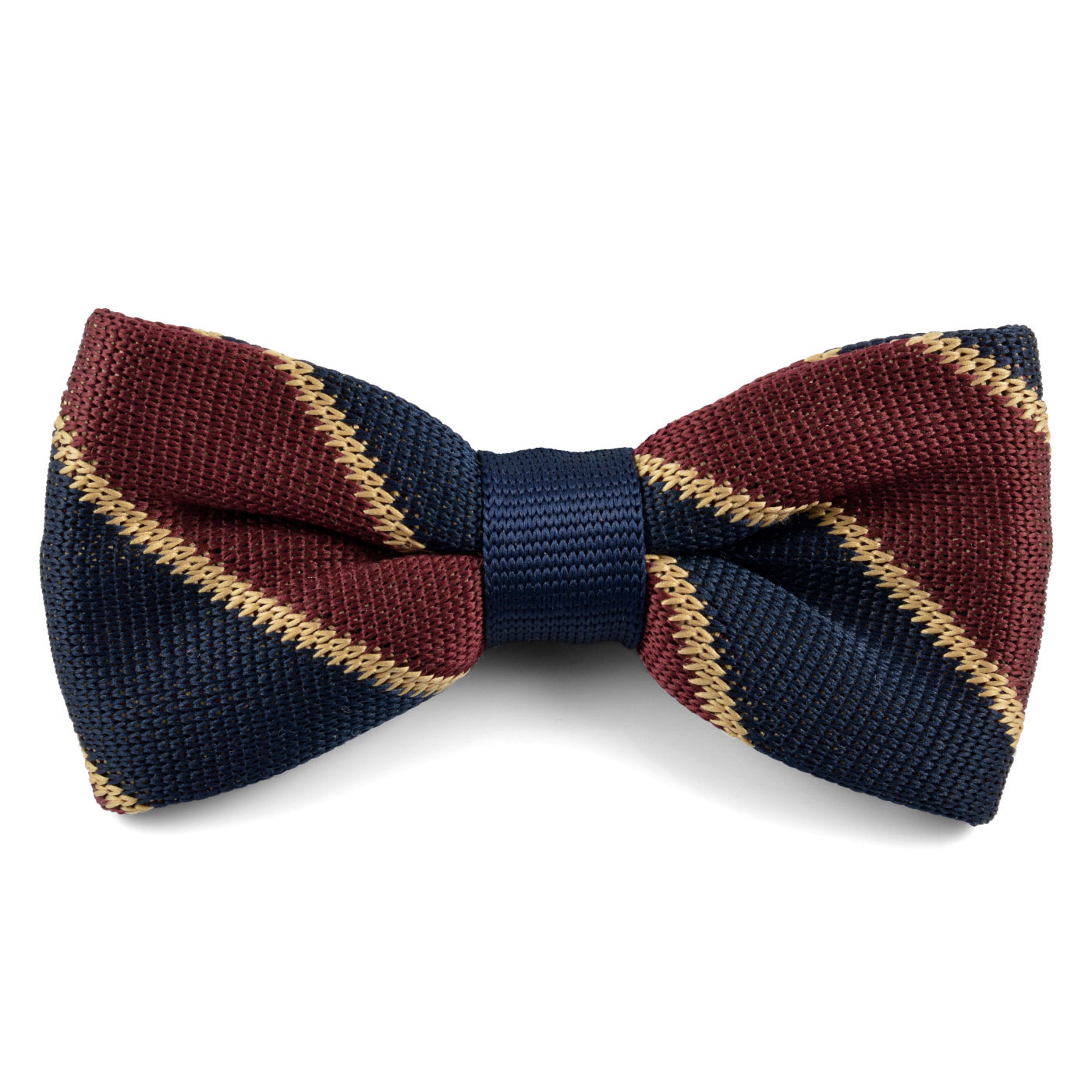 Royal Blue, Burgundy & Caramel Brown Striped Knitted Cotton Pre-Tied Bow Tie