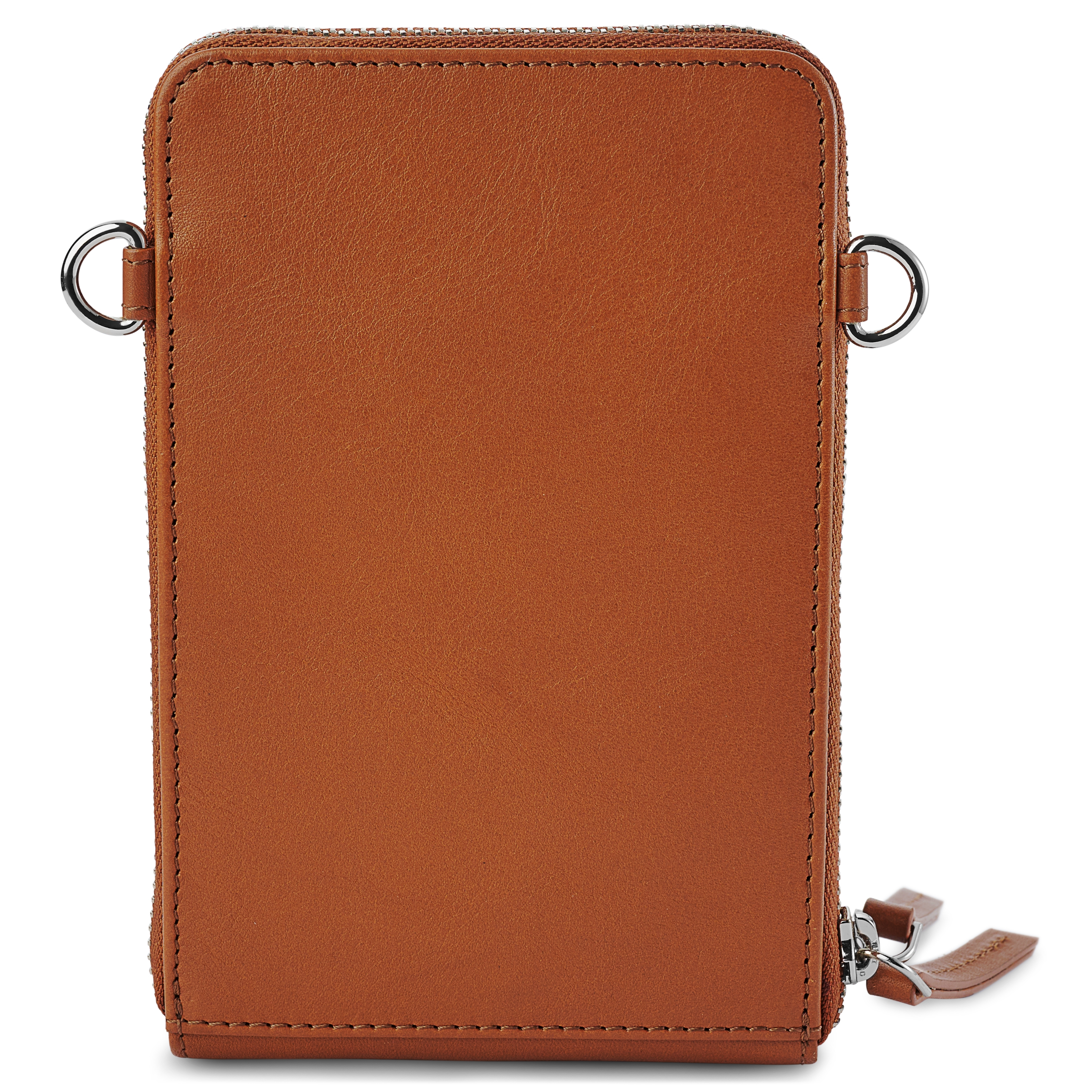 Кожена чантичка за телефон с джоб за портфейл в цвят коняк - 4