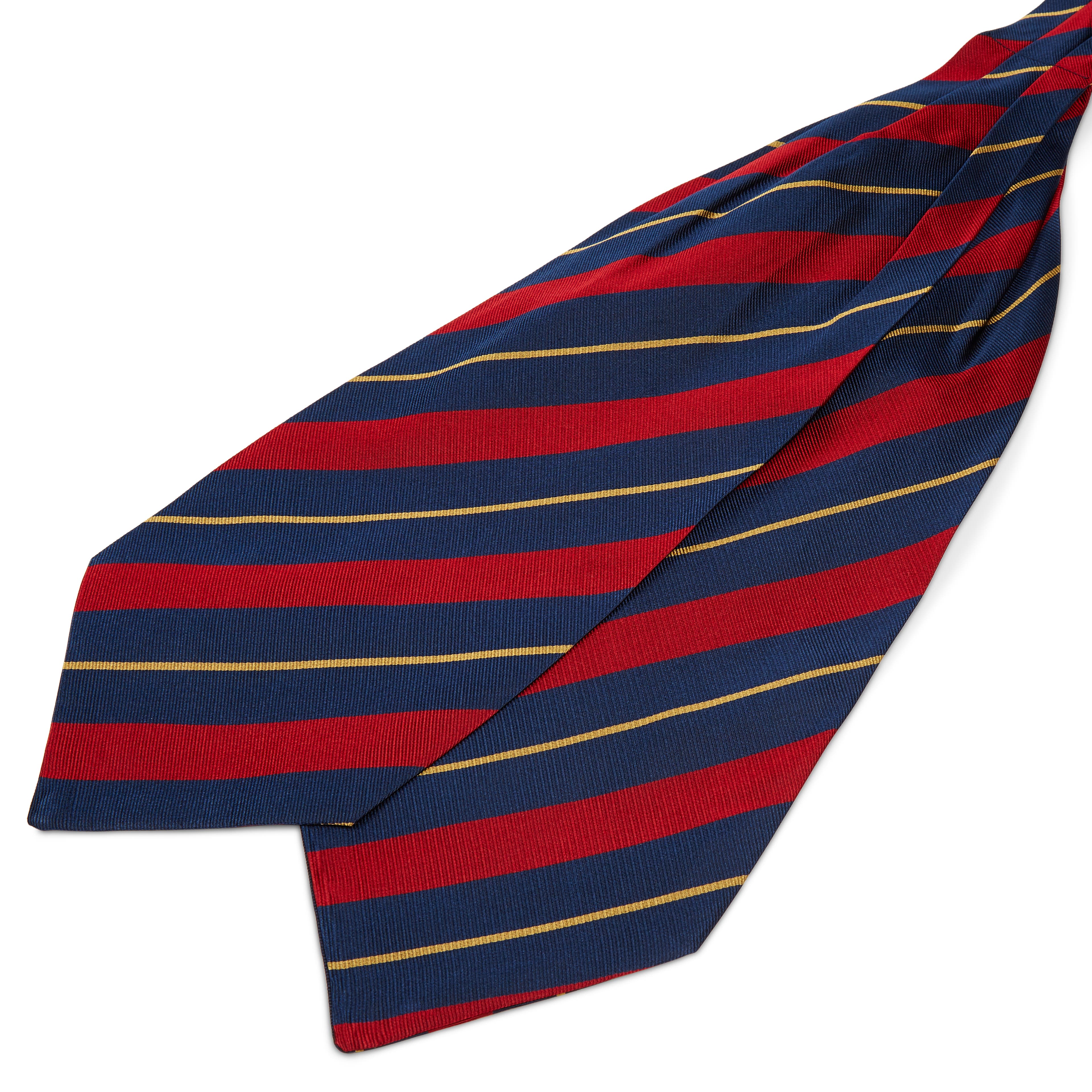 Cravatta ascot in seta blu navy con fantasia a righe oro e rosse