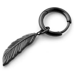 Black Titanium Drop Hoop Earring With Feather Charm