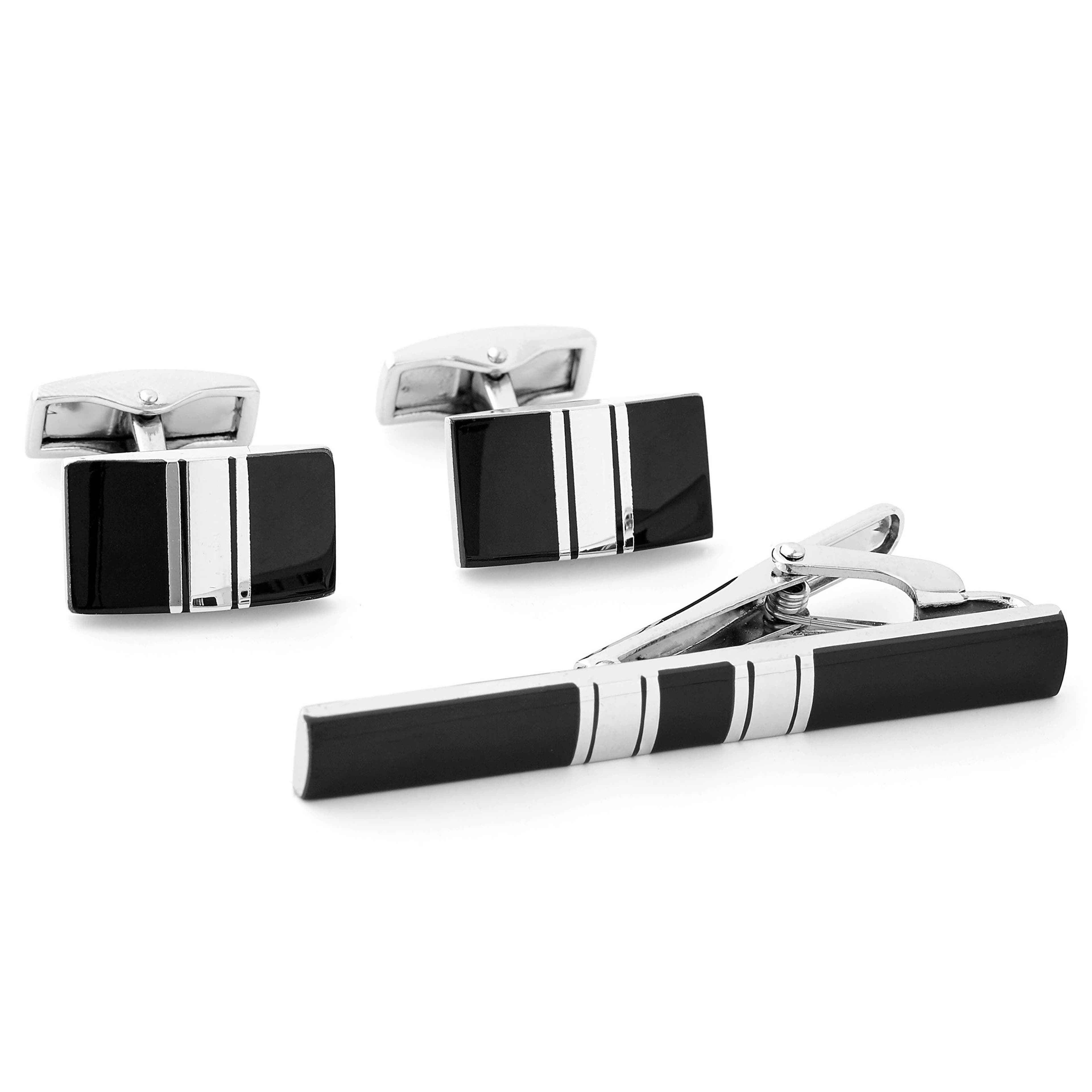 Silver-Tone & Black Bowtie Cufflinks & Tie Clip Set