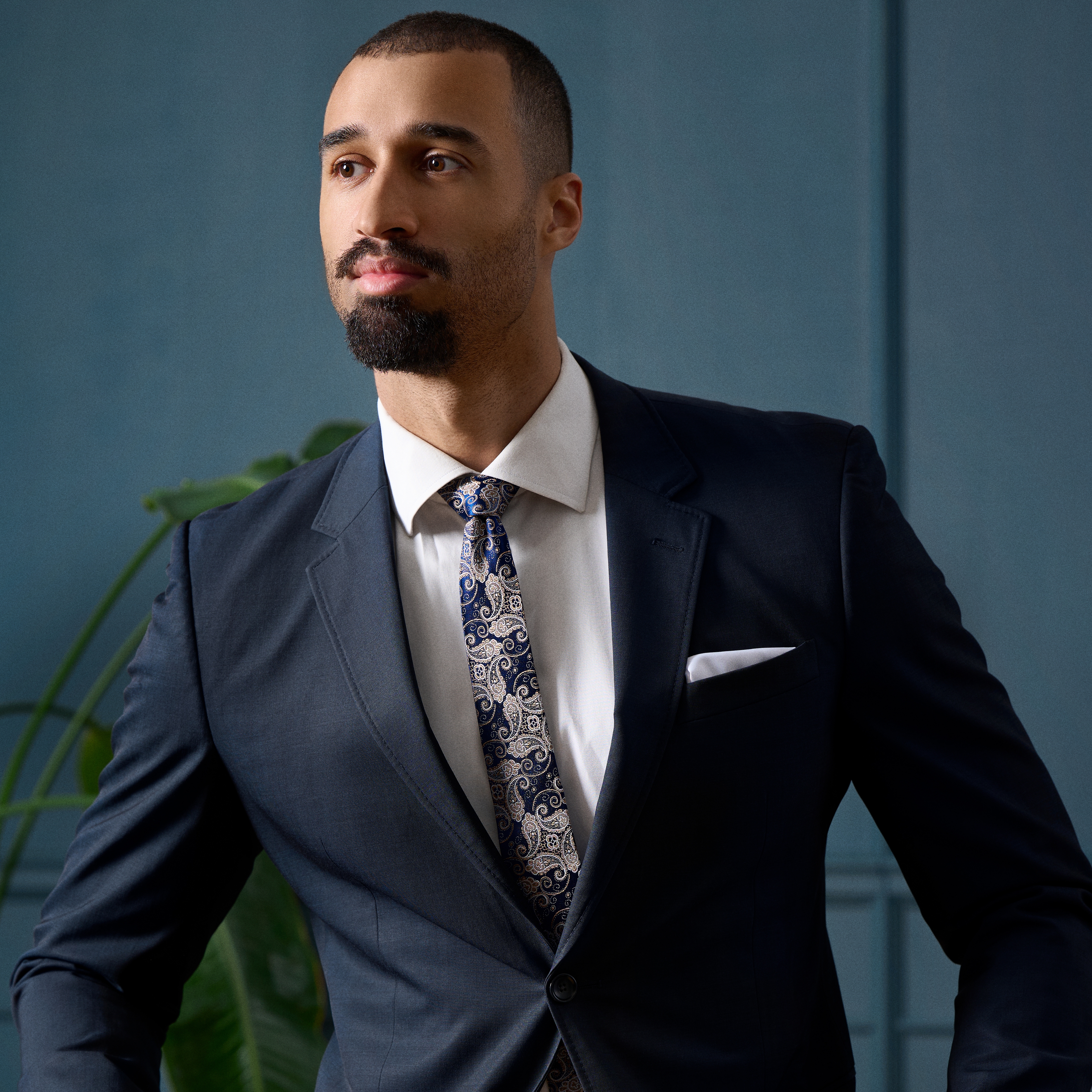 Zijden stropdas met blauw en goud paisleymotief | 6 cm - 4