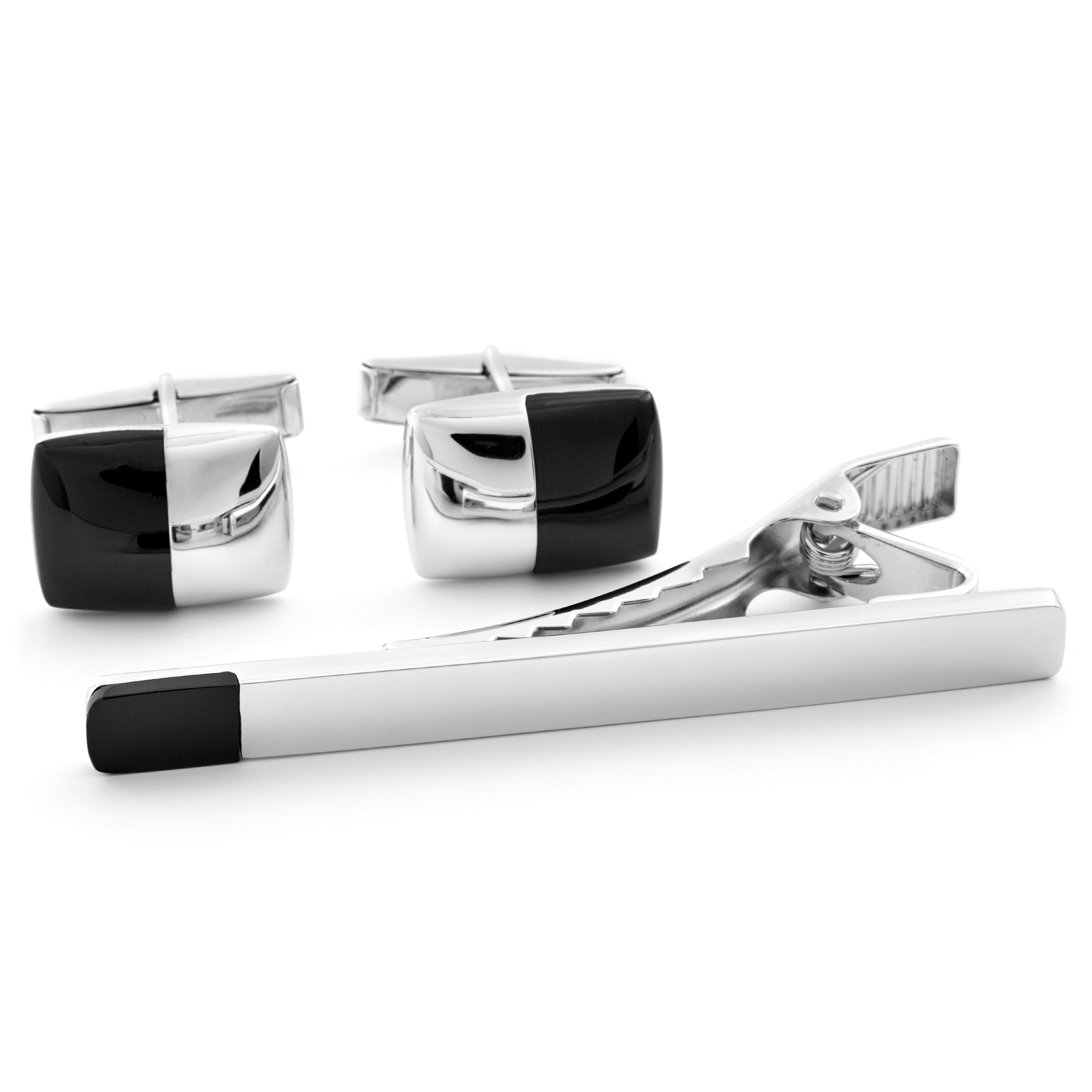 Black And White 925s Silver Cufflinks and Tie Clip Set - 1