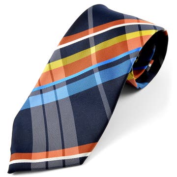 Navy Blue, Orange & Yellow Plaid Silk Tie