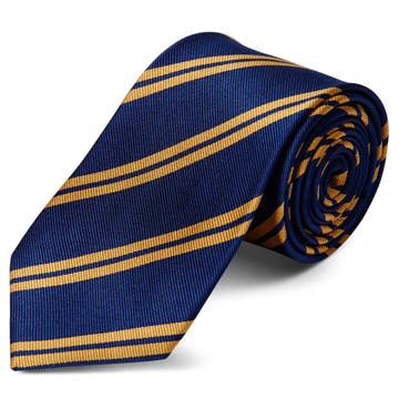 Hodvábna 8 cm tmavomodrá kravata s dvojitými zlatými pruhmi