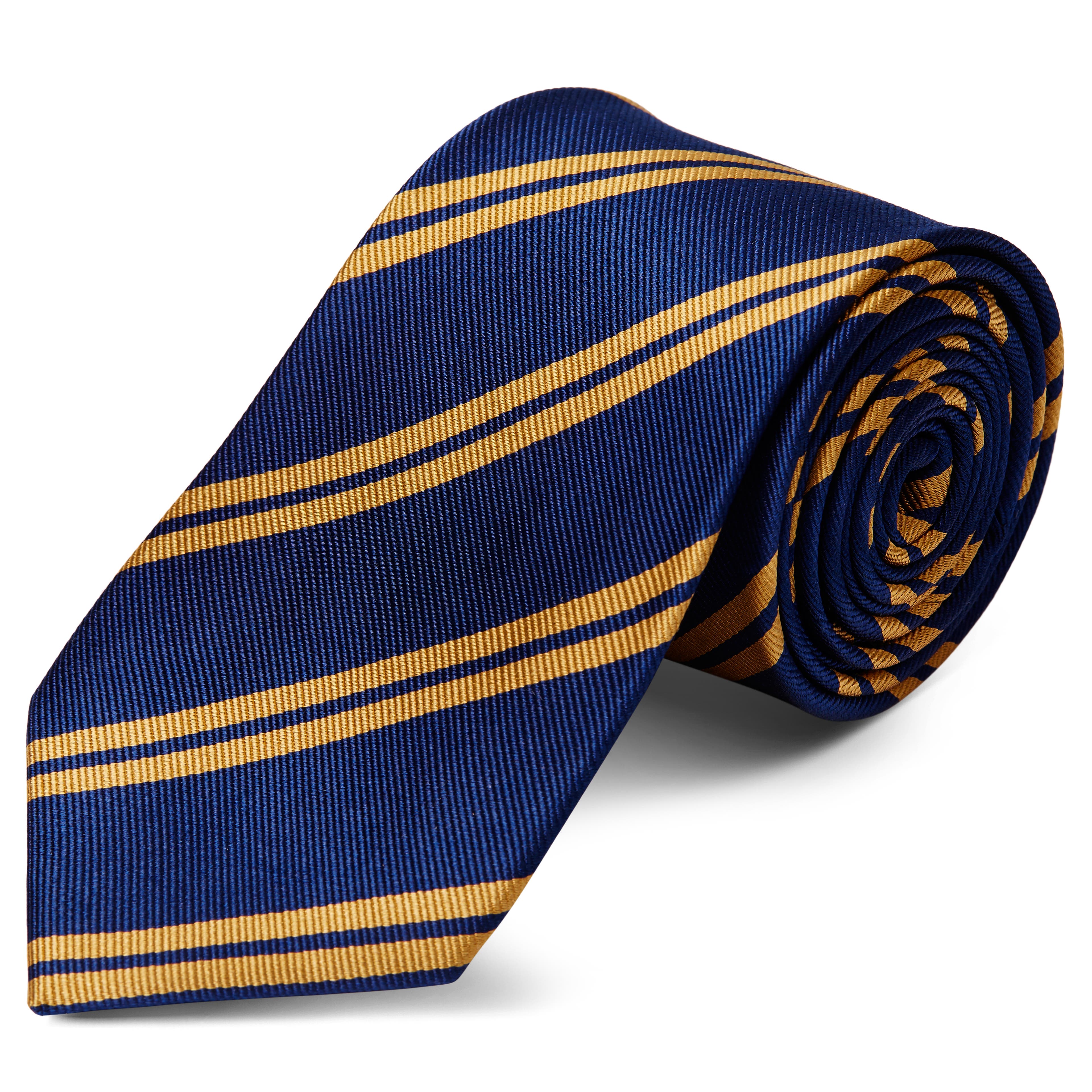 Тъмносиня копринена вратовръзка с двойни златисти ивици 8 см