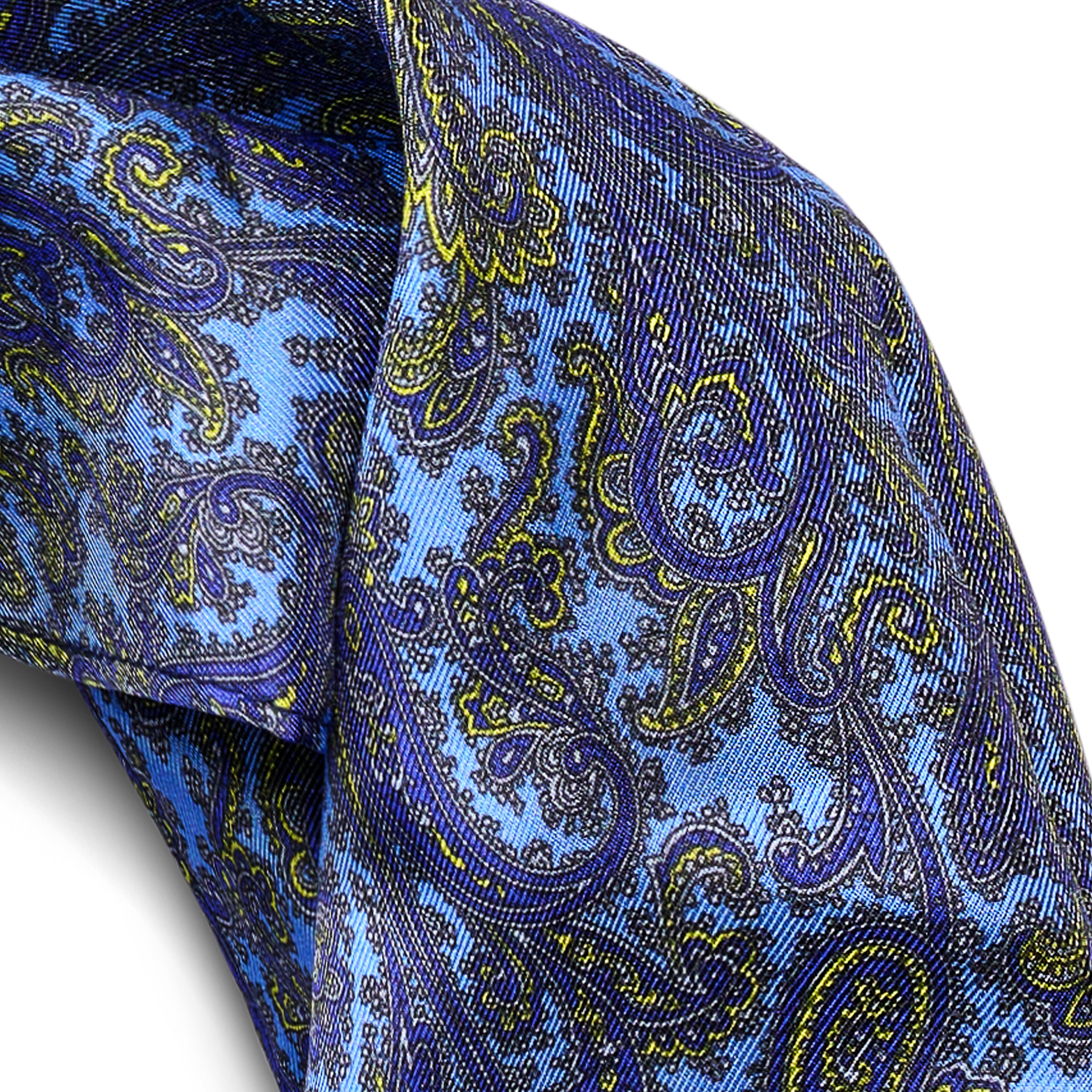 Bufanda de seda con estampado de cachemira azul claro y dorado - 2