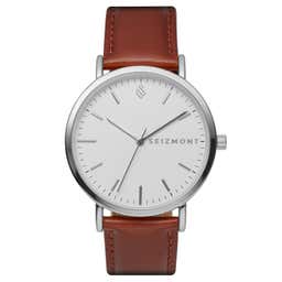 Moment | Silver-Tone Minimalist Dress Watch With White Dial & Rust Leather Strap