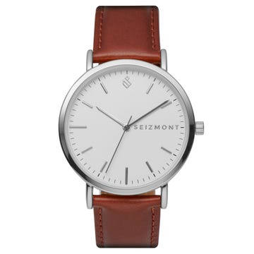 Moment | Silver-Tone Minimalist Dress Watch With White Dial & Rust Leather Strap