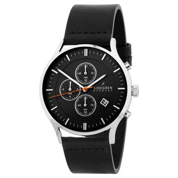 Revil | Silver-Tone Chronograph Watch With Black Dial & Black Leather Strap