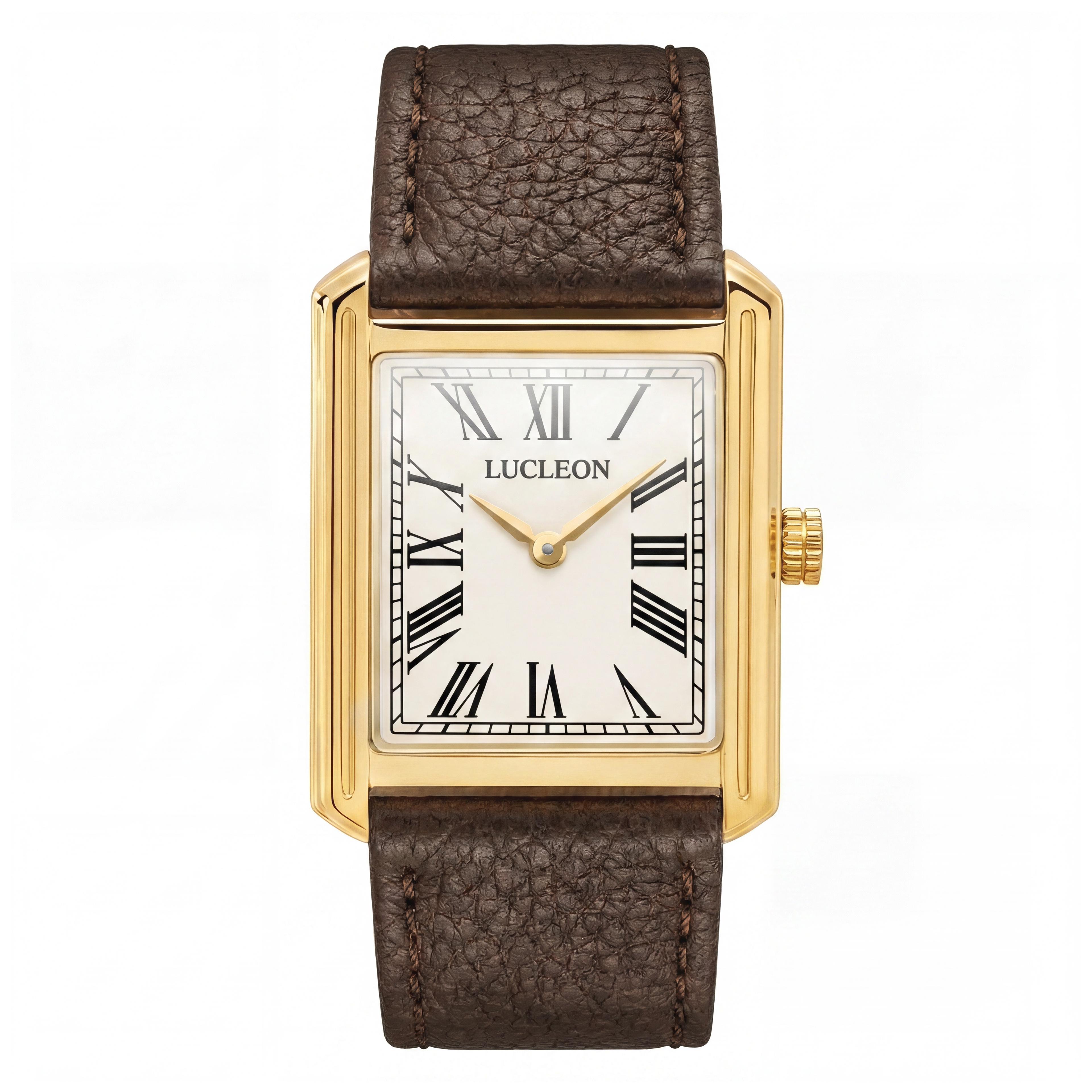 Legacy | Retro Guldtonet Firkantet Ur med Cremefarvet Urskive, Romertal & Brun Læderrem - 1
