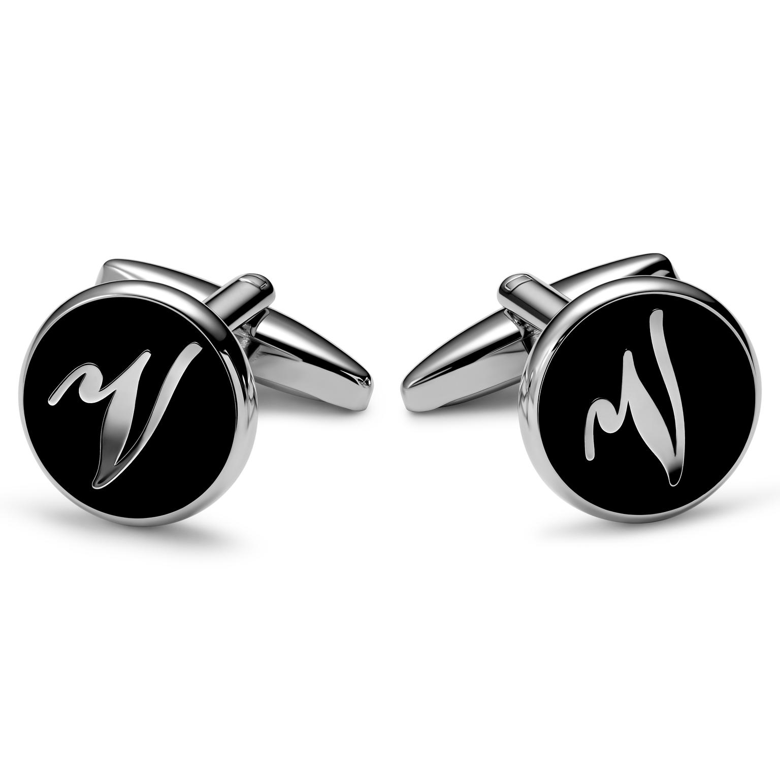 Round Silver-tone and Black Initial V Cufflinks Round Silver-tone and Black Initial V Cufflinks
