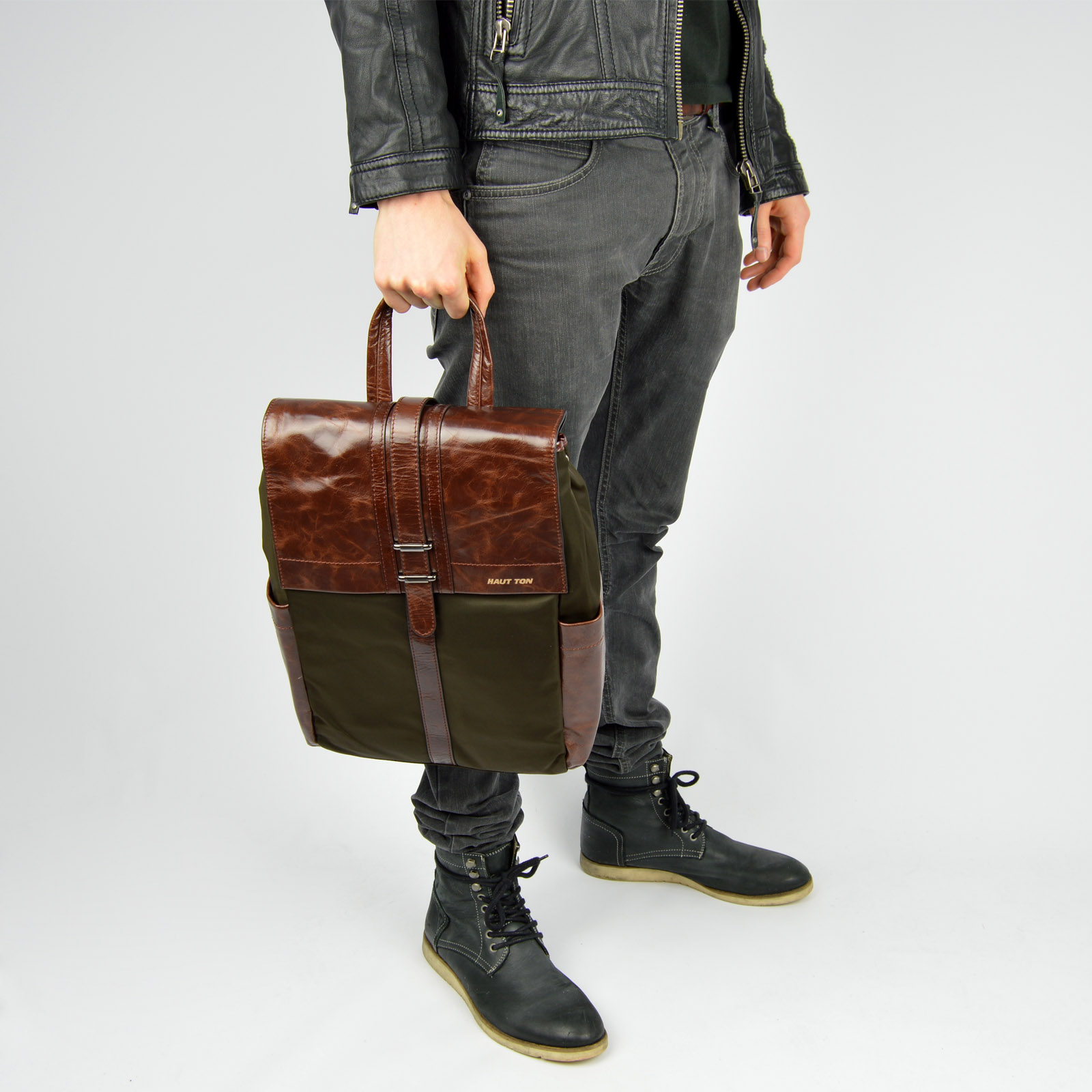 Brauner Nylon & Leder Rucksack - 9