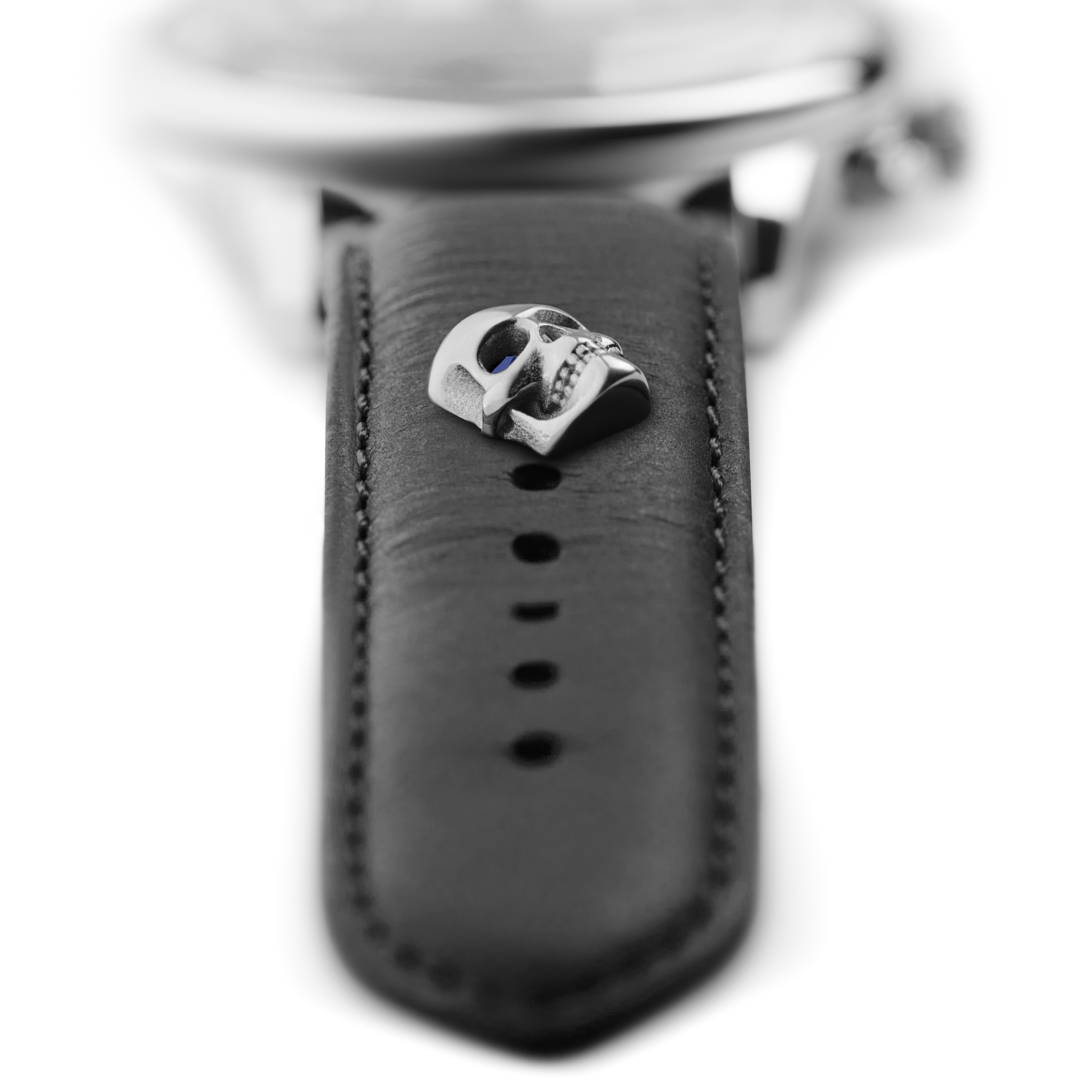 Silver-tone Stainless Steel and Blue Zirconia Skull Watch Charm - 3