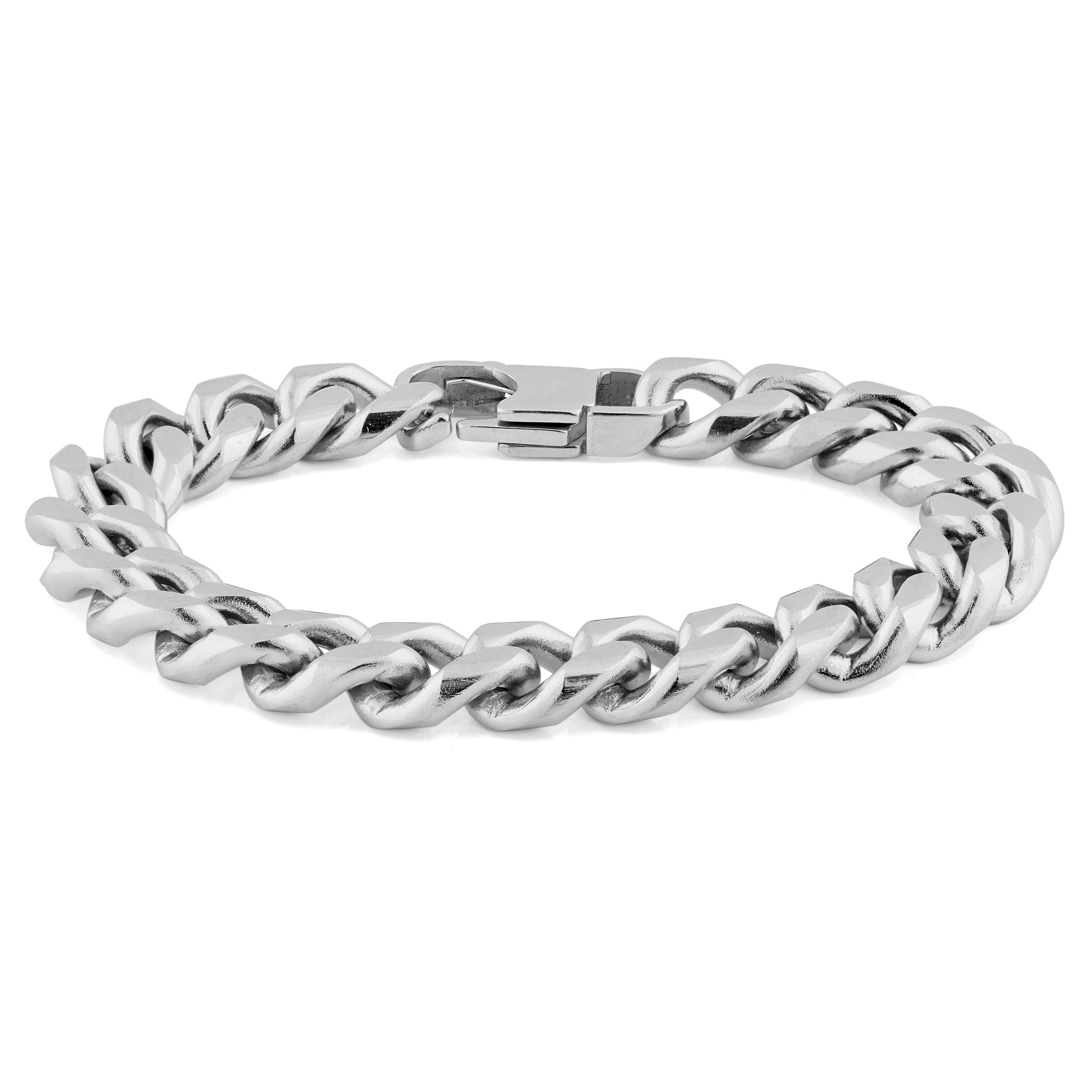 10mm Silver-Tone Stainless Steel Curb Chain Bracelet