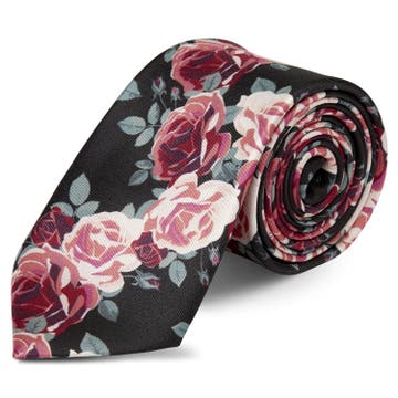 Boho | Black & Pink Roses Pattern Silk Tie