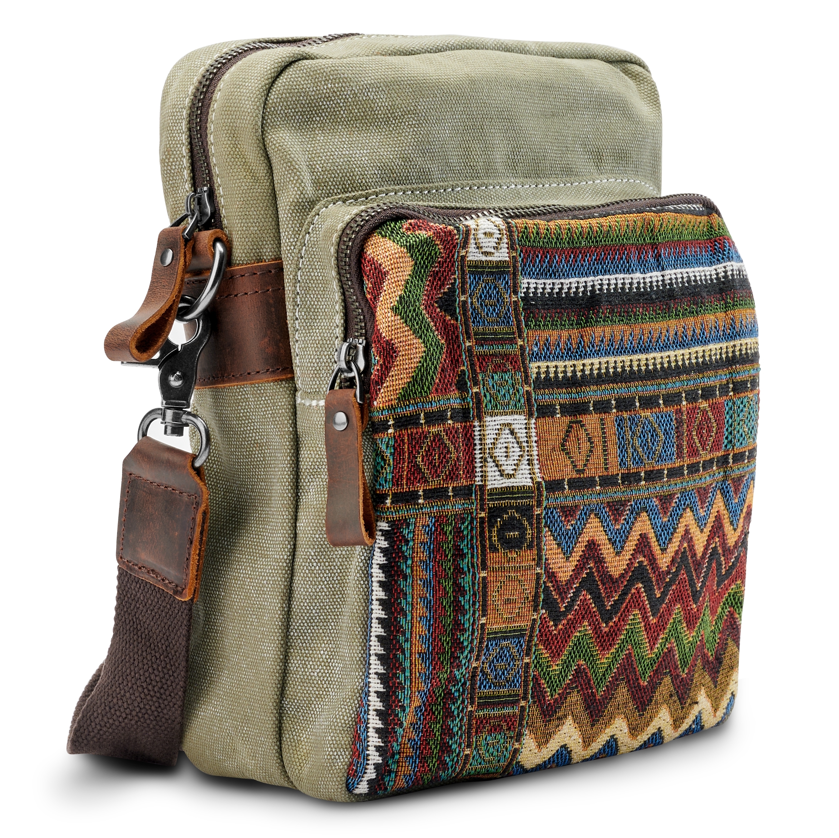 Borsa a tracolla in tela bohemienne verde militare retrò - 3