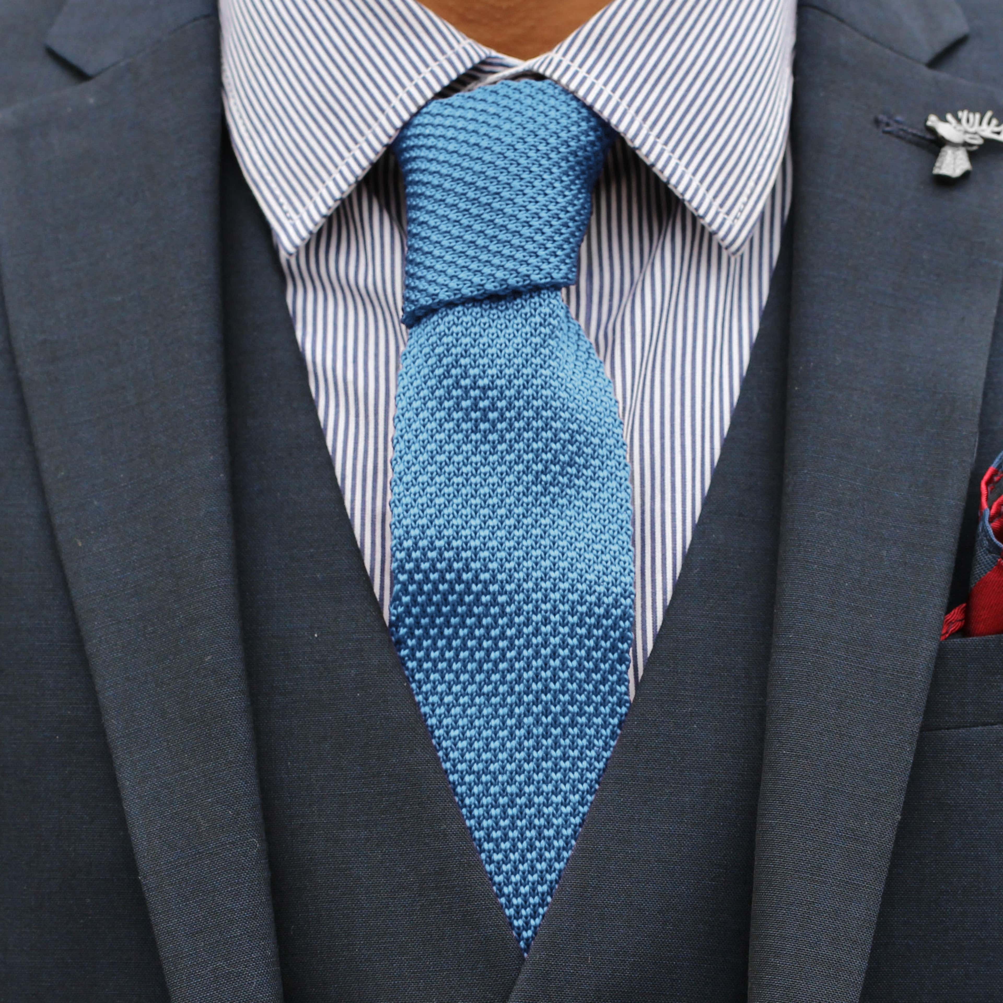 Cornflower Blue Knitted Tie - 3 - hover gallery