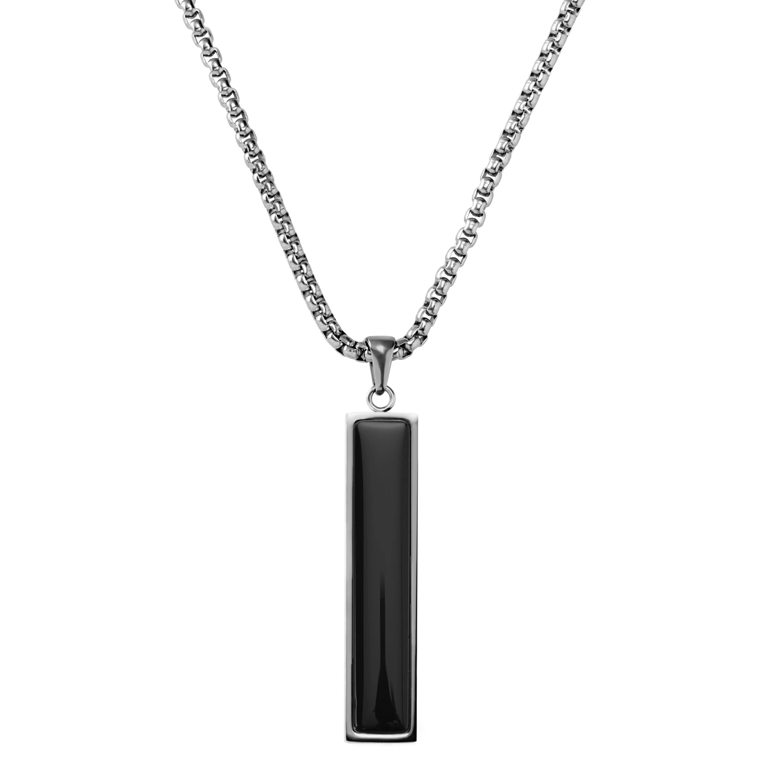 Orisun | Zilverkleurige Roestvrijstalen Ketting met Lange Rechthoekige Hanger van Zwarte Onyx Orisun | Zilverkleurige Roestvrijstalen Ketting met Lange Rechthoekige Hanger van Zwarte Onyx