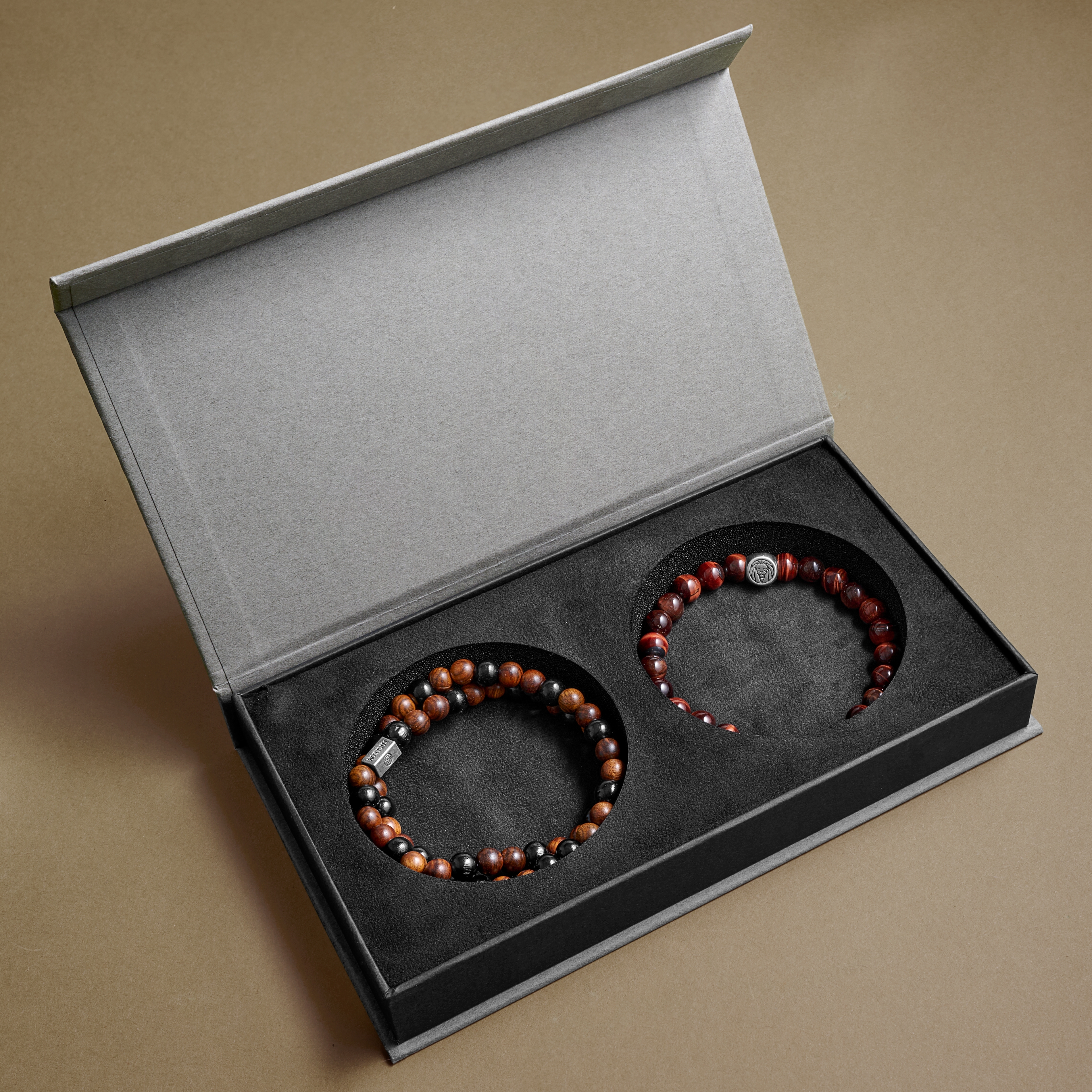 Caja de regalo de pulseras para hombre de primera calidad | Ojo de tigre rojo y madera - 3